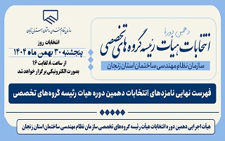 فهرست نهایی نامزدهای انتخابات دهمین دوره هیئت رئیسه گروه‌های تخصصی سازمان نظام مهندسی ساختمان استان زنجان